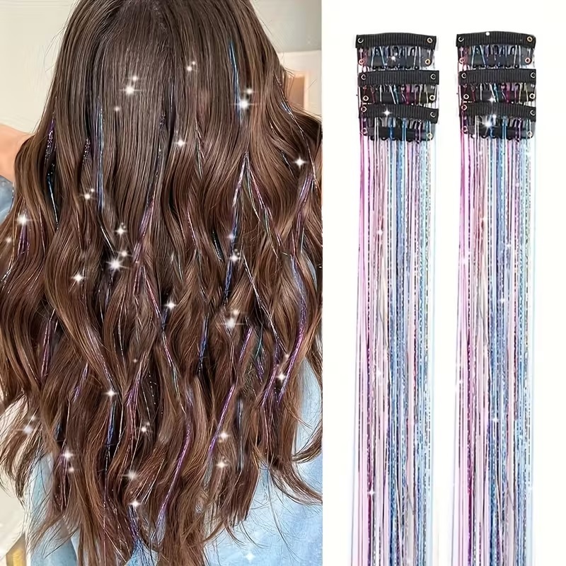 Accessoire pour cheveux: pack de 6 clips de mèches scintillantes multicolores