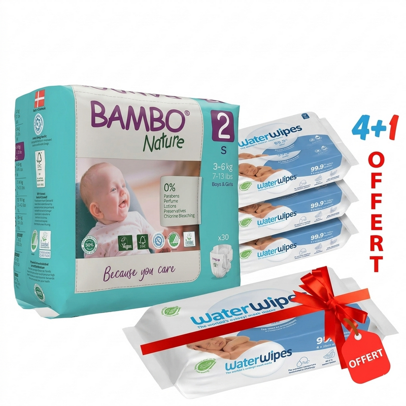 Pack de couches Bambo Nature Taille 2 (3-6 kg) et lingettes WaterWipes (Lot 4+1 OFFERT) disponible en livraison au Maroc.
