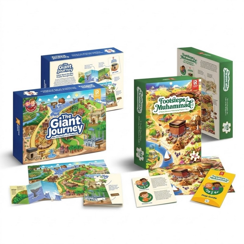 Duo de puzzles islamiques pour enfants : Le Voyage Géant (The Giant Journey) et Sur les Traces de Muhammad (Footsteps of Muhammad) - Maroc
